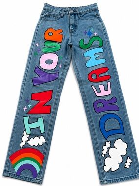 In Your Dreams Rainbow Graphic Baggy Straight Leg Jeans Size S Y2K